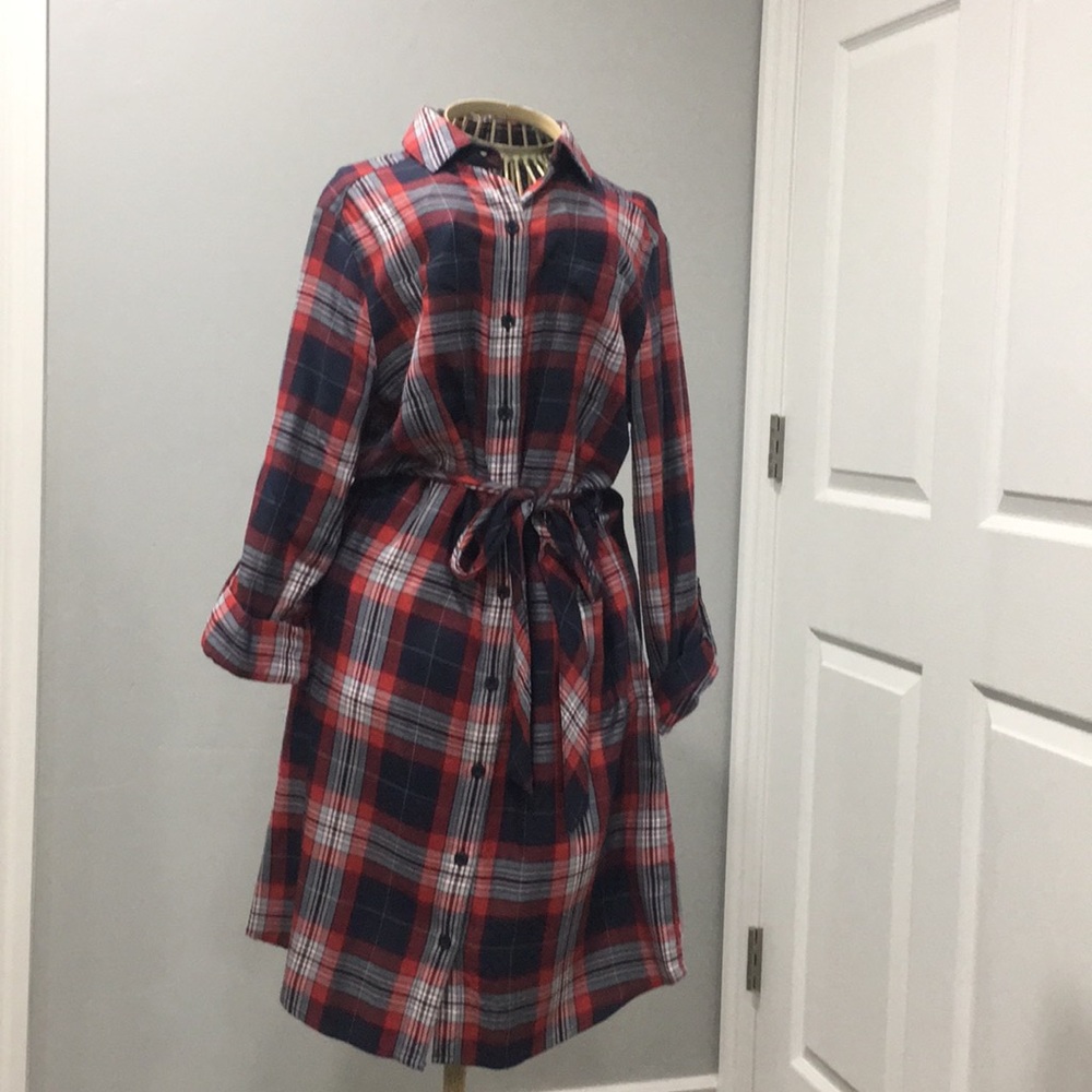Red/blue plaid flannel shirt dress